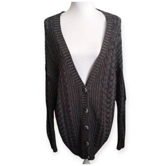 OLIVE & OAK CHARCOAL PATCH ELBOW CARDIGAN SZ.M FITS LIKE AN XL EUC. - Picture 3 of 8